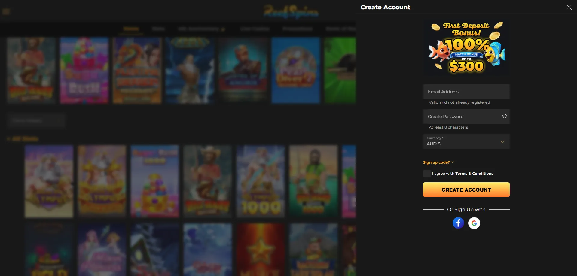 ReefSpins Casino registration — how to create an account in AU