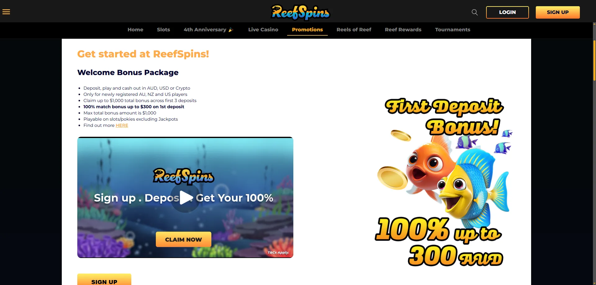 ReefSpins Casino welcome bonus up to $1000 plus free spins
